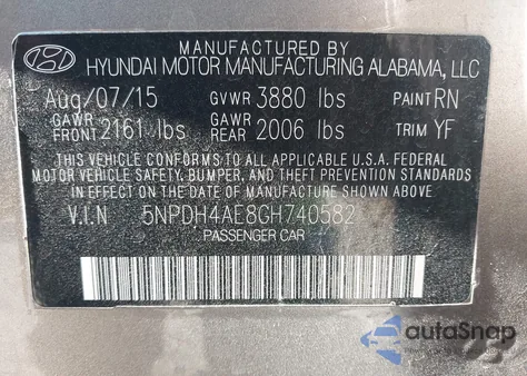 2016 Hyundai Elantra Se из США, поврежденный, VIN 5NPDH4AE8GH740582